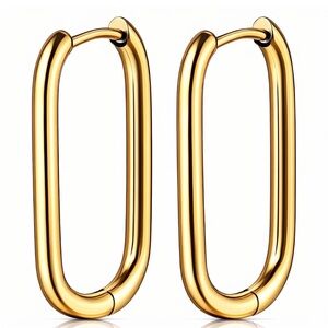 18k Gold Plated Stainless Steel Waterproof Oval Hoop Earrings - Women’s Jewelry